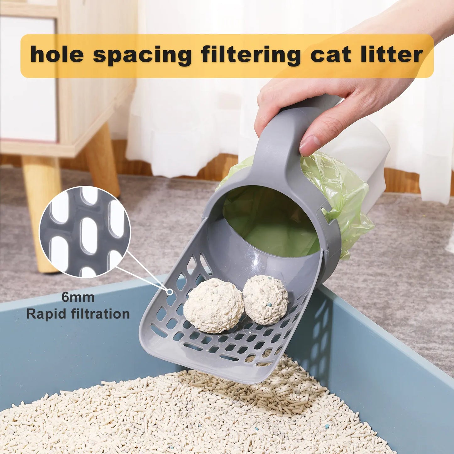 Pala portátil para arena de gatos con filtro integrado